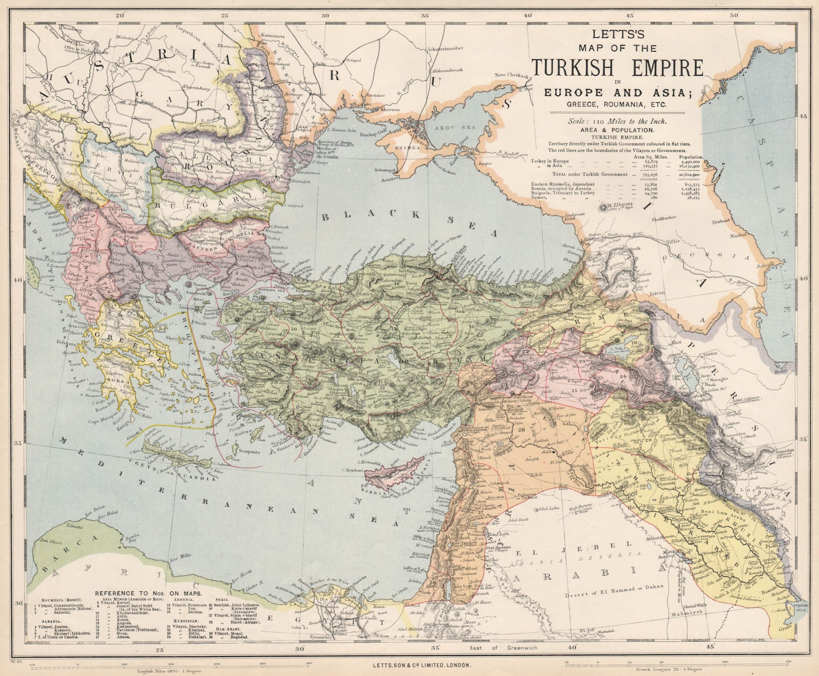 OTTOMAN EMPIRE in Europe and Asia. Greece Balkans Turkey Levant. LETTS 1889 map